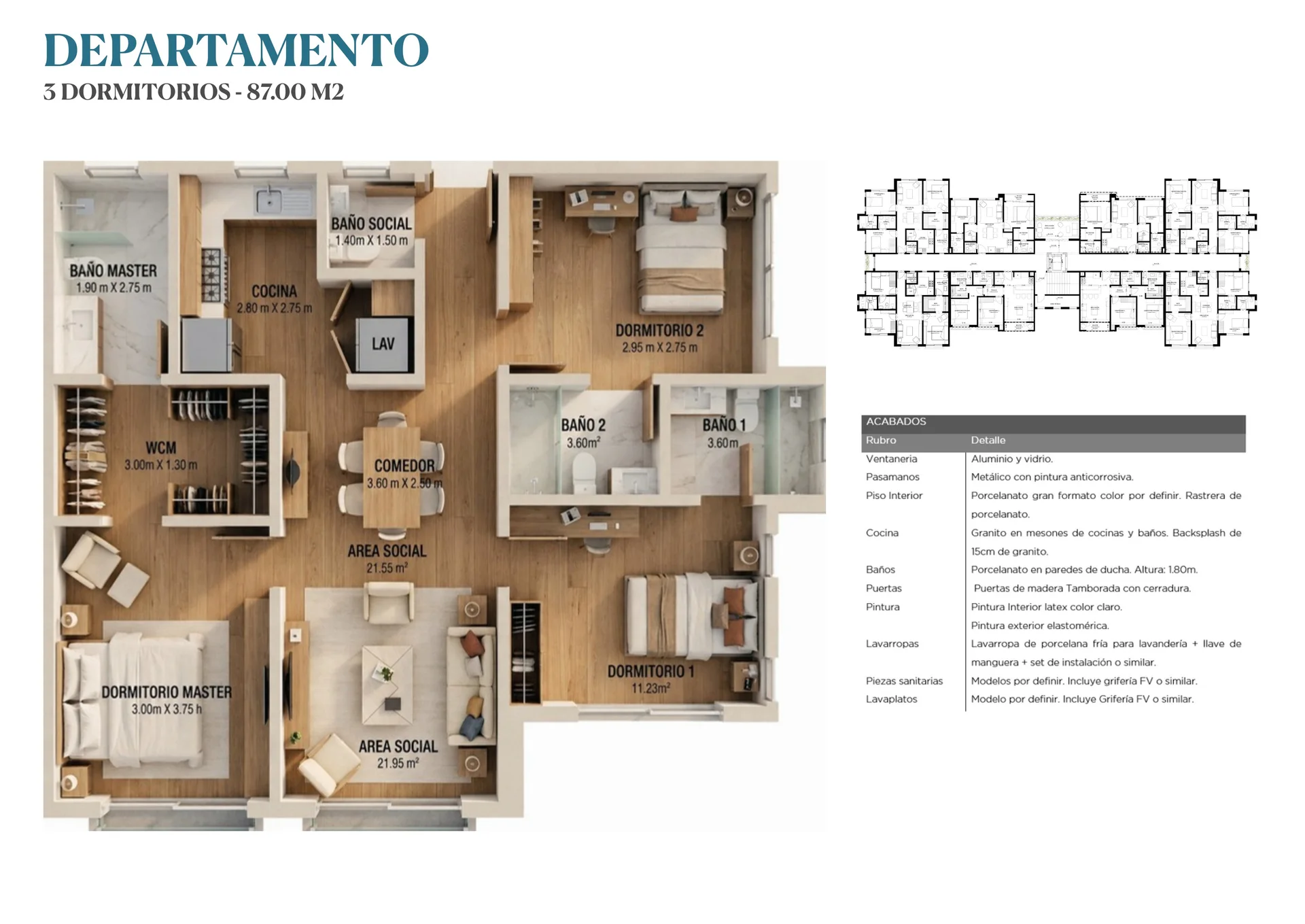Plano departamento 3 dormitorios 87 m²