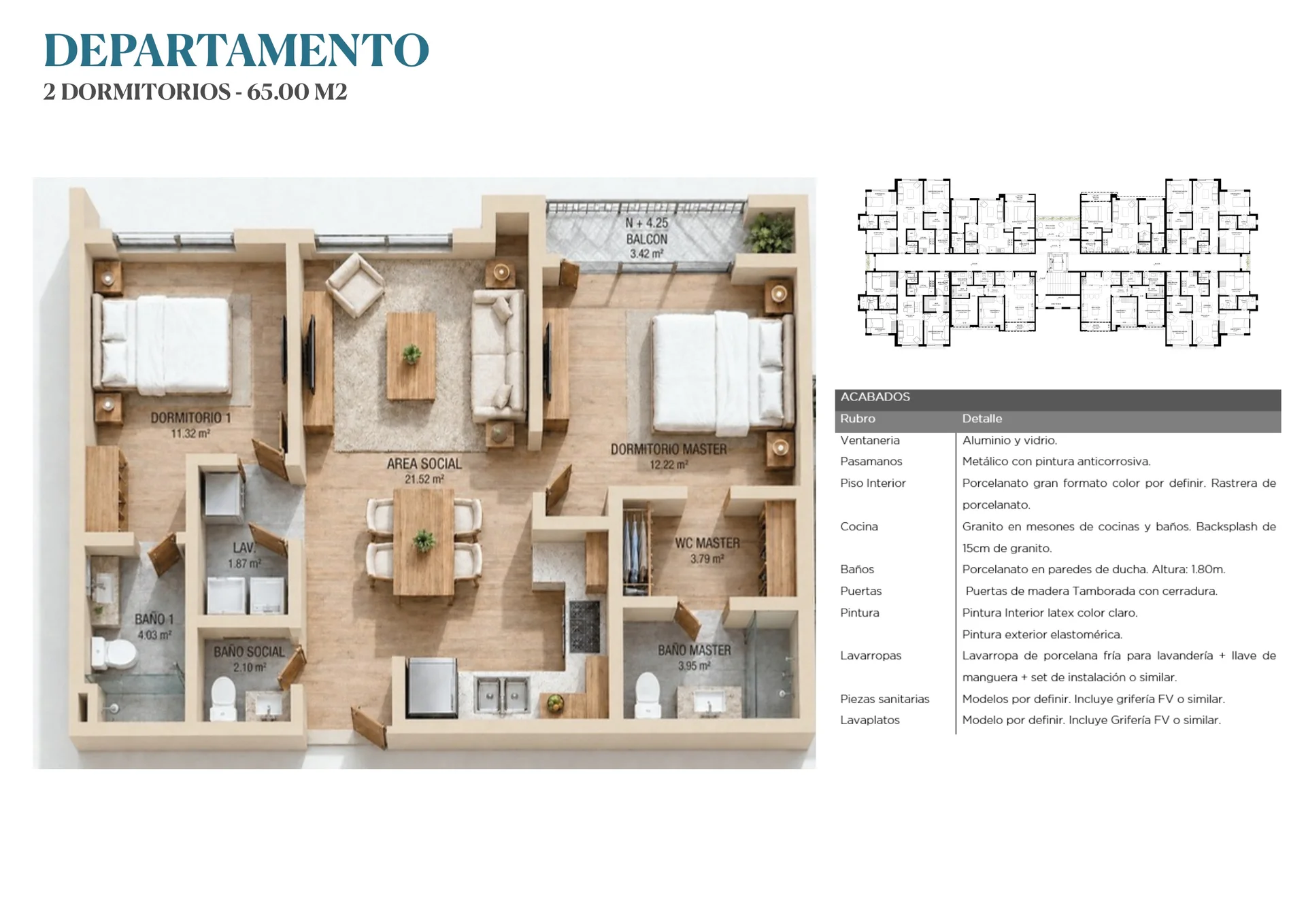 Plano departamento 2 dormitorios 65 m²